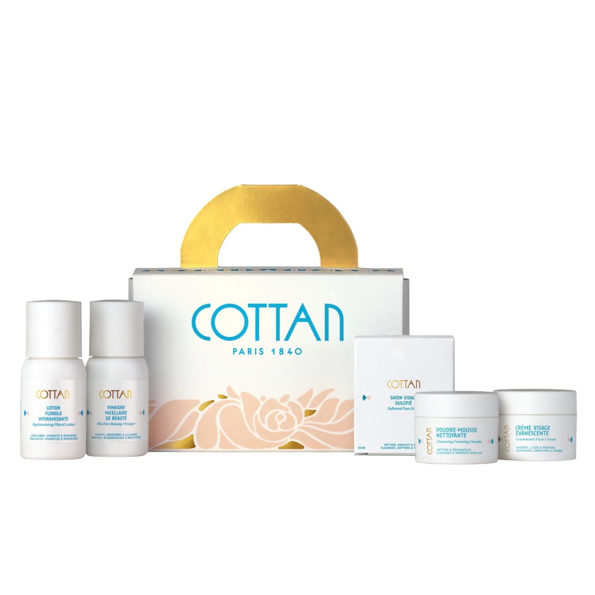 Coffret cadeau COTTAN "Rituel Arsène" pour le soin du visage en format voyage, présenté de face avec les produits à l'intérieur. La boîte blanche est ornée d'une rose dorée et du logo bleu COTTAN, avec une poignée dorée élégante.