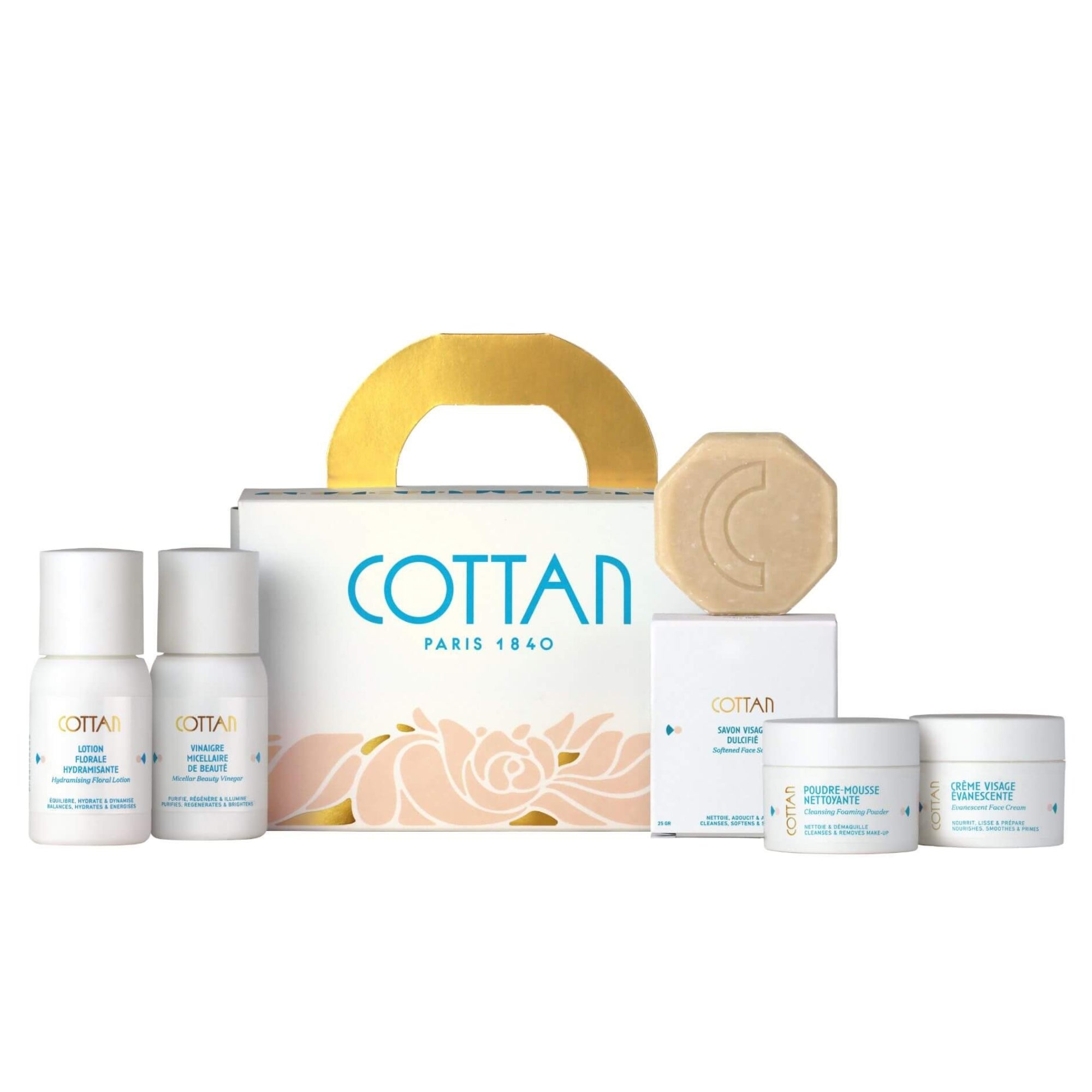 Coffret cadeau COTTAN "Rituel Arsène" pour le soin du visage en format voyage, de face avec le savon octogonal à côté. La boîte blanche et dorée affiche le logo bleu COTTAN, mettant en valeur le savon et les autres produits de soin.